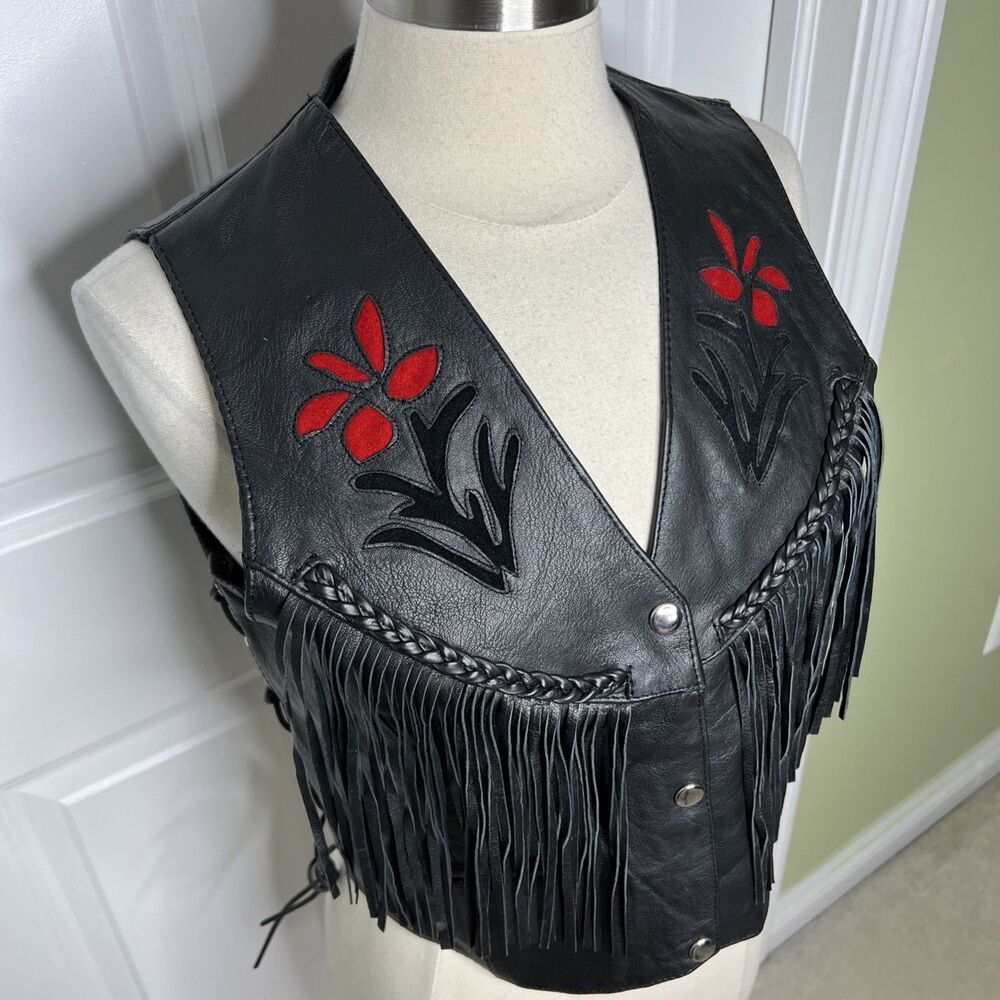 Silver Bike Leather Motorcycle Vest Red Floral Fringe Jacket L Festival Read - Picture 4 of 16